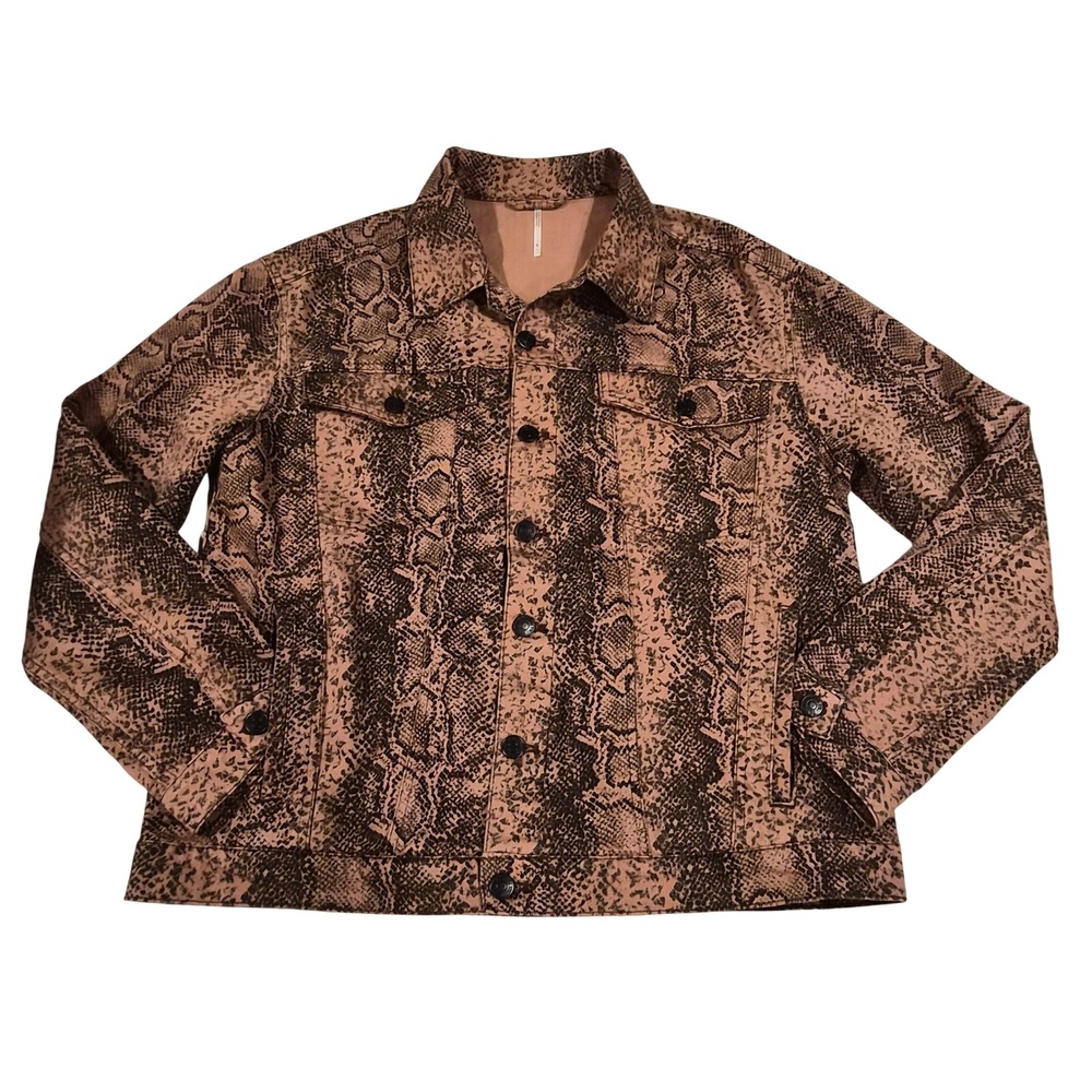 Free People Rumors Snakeskin Denim Jacket Tan Brown Animal Print OB1161270 M